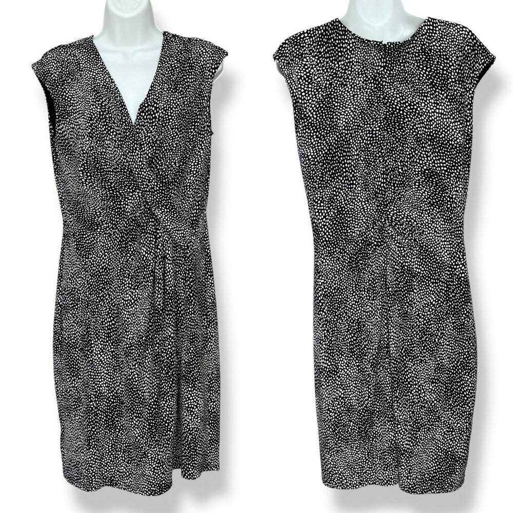 Ann Taylor Shift Dress Faux Wrap Black White Abstract Dots Size 12 Women Stretch